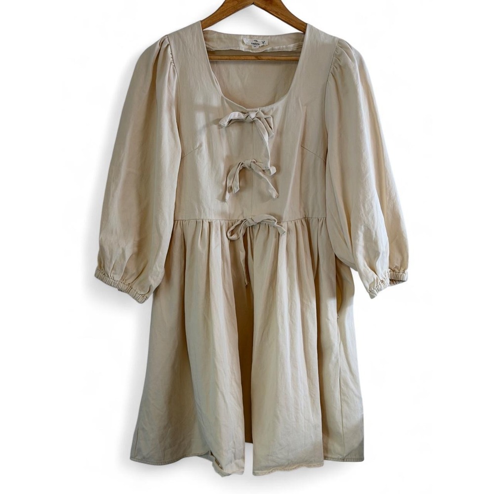 Romantic Peasant Cotton Mini Dress Cream Size M with Ties and Puff Sleeves